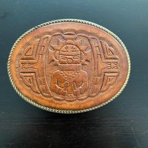 Vintage Leather tooled belt buckle aztec Design Kachina Distressed
